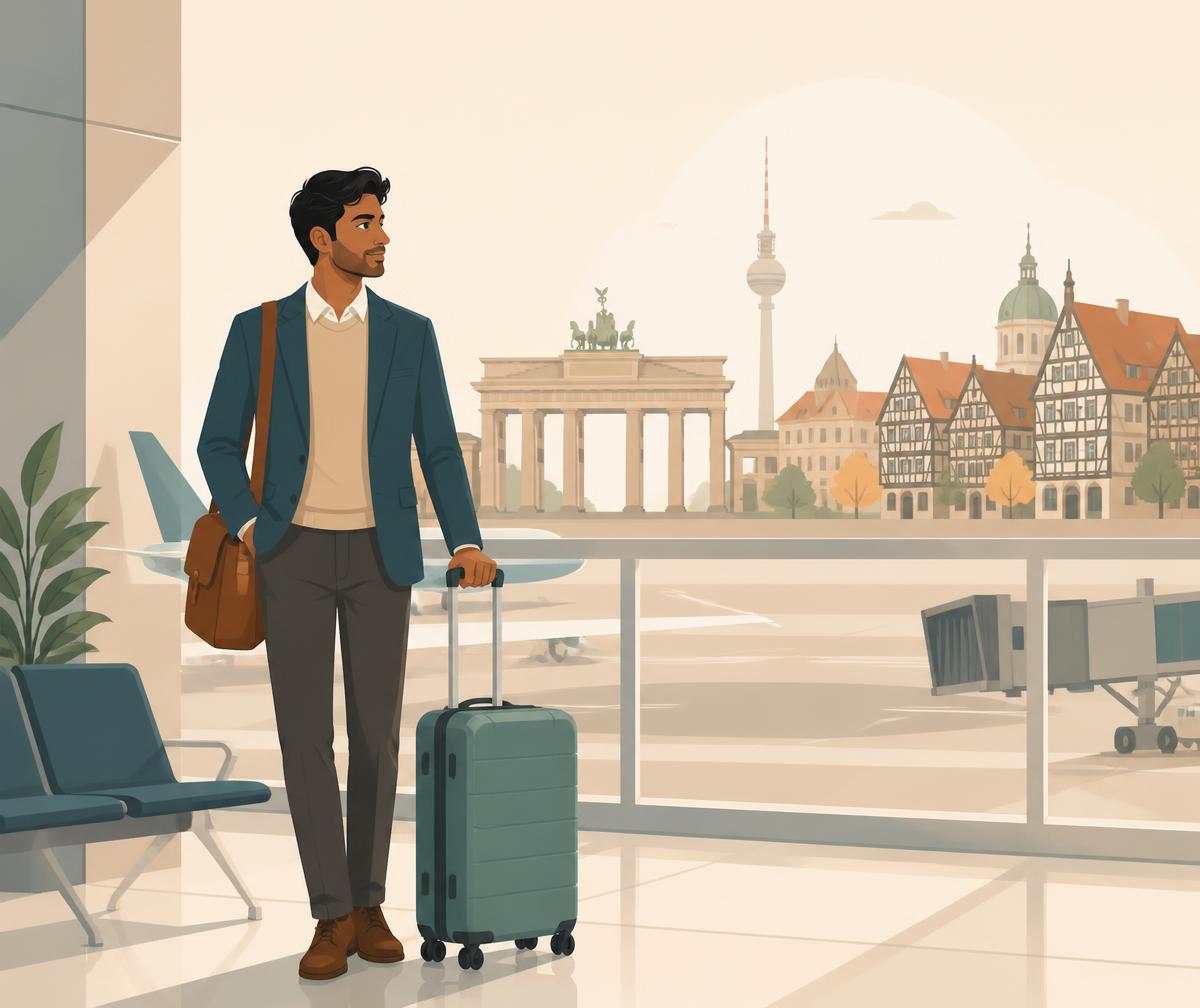 Illustration of an Indian professional arriving in Germany